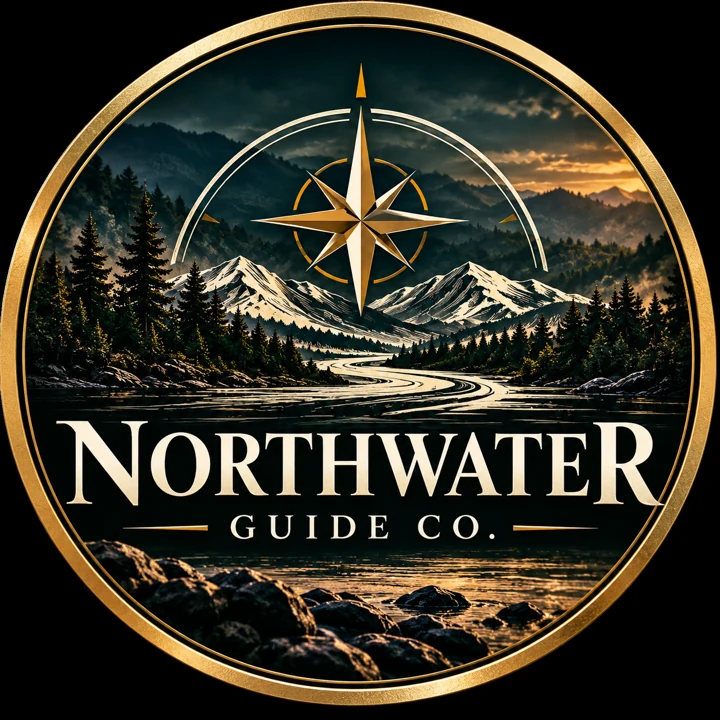 Northwater Guide Co. compass, river, and mountain emblem